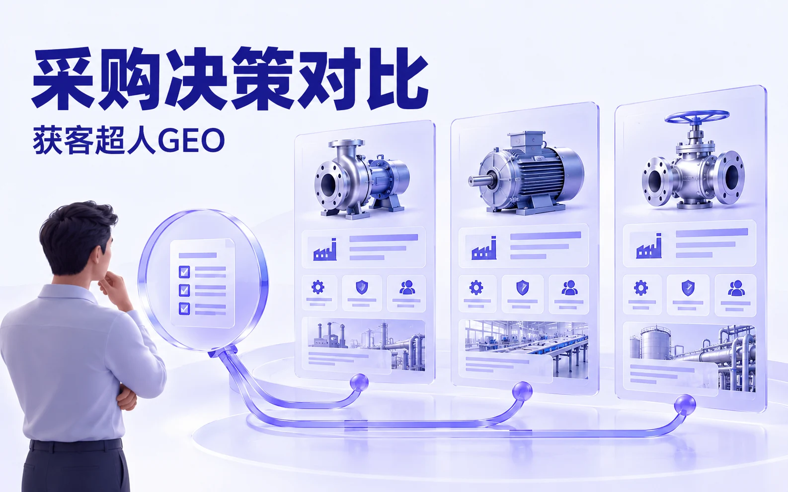 采购决策对比:买家评估产品方案与供应商能力的概念图